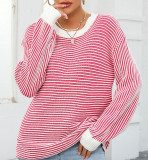 Autumn And Winter Women's Color-Blocked Round Neck Pullover Sweater Striped Knitting Top