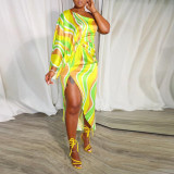 Sexy Printed Asymmetrical Slash Shoulder Slit Dress