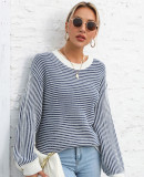 Autumn And Winter Women's Color-Blocked Round Neck Pullover Sweater Striped Knitting Top