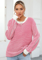 Autumn And Winter Women's Color-Blocked Round Neck Pullover Sweater Striped Knitting Top