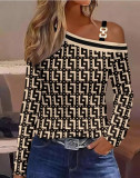 Autumn Metal Button Slash Shoulder Strap Long Sleeve Print Shirt Women's Clothing