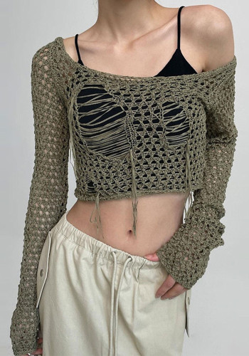 Women's Knitting Blouse Ripped Sexy Design Short Long Sleeve Top
