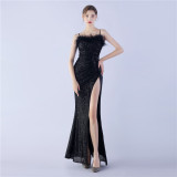 Sexy Feather Sequins Straps Side Slit Evening Dress
