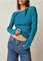 Spring And Autumn Solid Color Round Neck Sexy Open Back Ribbed T-Shirt Tops For Women