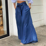 Plus Size Women Casual Denim Strappy High Waisted Wide Leg Pants