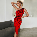 Women Sexy Slit Slash Shoulder Striped One Shoulder Sleeveless Bandage Dress