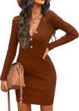 Women Knitting Fall and Winter Long Sleeve Bodycon V Neck Basic Sweater Dress