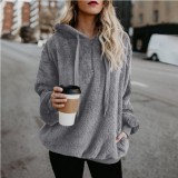 Women Long Sleeve Hooded Solid Fleece Zipper Top