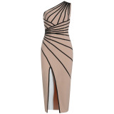 Women Sexy Slit Slash Shoulder Striped One Shoulder Sleeveless Bandage Dress