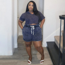 Plus Size Women Print Stretch Short Sleeve Top and Shorts Casual Two Piece Set