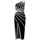 Women Sexy Slit Slash Shoulder Striped One Shoulder Sleeveless Bandage Dress