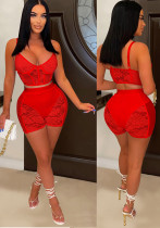Women Solid Sexy Lace Sleeveless Top and Shorts Two-piece Set Women Solid Sexy Lace Sleeveless Top and Shorts Two-piece Set