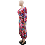 Women printed long sleeve irregular dress
