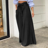 Plus Size Women Casual Denim Strappy High Waisted Wide Leg Pants
