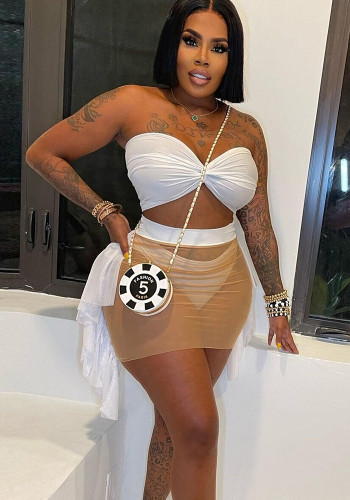 Women Sexy Mesh Patchwork Solid Lace Strapless See-Through Three-Piece