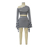 Women Sexy Slash Shoulder Bell Bottom Top and Mini Skirt two-piece set