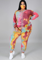 Plus Size Women Tie Dye Lace-Up Long Sleeve Loose Hoodies Casual Three-Piece
