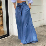 Plus Size Women Casual Denim Strappy High Waisted Wide Leg Pants