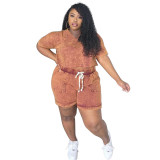 Plus Size Women Print Stretch Short Sleeve Top and Shorts Casual Two Piece Set