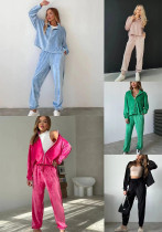 Autumn Velvet Zipper Long Sleeves Top Elastic Waist Pockets Trousers Casual Two-Piece Suit For Women Autumn Velvet Zipper Long Sleeves Top Elastic Waist Pockets Trousers Casual Two-Piece Suit For Women