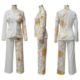 Fashionable Women's Turndown Collar Long Sleeve Printed Suit Two Piece Set