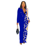 Fashionable Women's Turndown Collar Long Sleeve Printed Suit Two Piece Set