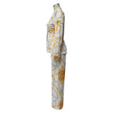 Fashionable Women's Turndown Collar Long Sleeve Printed Suit Two Piece Set