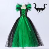 Halloween children's Maleficent witch dress with headband mesh dress two-piece set