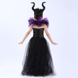 Halloween children's Maleficent witch dress with headband mesh dress two-piece set