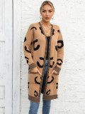 Plus Size Women Fall and Winter Leopard Knitting Cardigan Sweater
