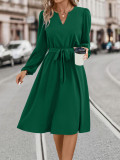 Women V-Neck Lace-Up Long Sleeve Dress