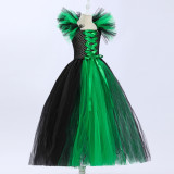 Halloween children's Maleficent witch dress with headband mesh dress two-piece set