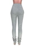 Women Fleece Sports Casual Drawstring Pockets Stacked Pant