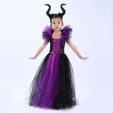 Halloween children's Maleficent witch dress with headband mesh dress two-piece set