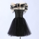 Halloween girls' mesh puffy dress with matching hat, children's witch performance costume