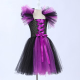 Halloween girls' mesh puffy dress with matching hat, children's witch performance costume