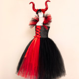 Halloween children's Maleficent witch dress with headband mesh dress two-piece set