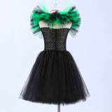 Halloween girls' mesh puffy dress with matching hat, children's witch performance costume