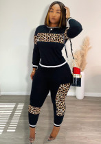 Women Fall and winter leopard print Patchwork long-sleeved top and Pant two-piece set