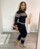 Women Fall and winter leopard print Patchwork long-sleeved top and Pant two-piece set