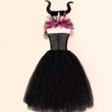 Halloween children's Maleficent witch dress with headband mesh dress two-piece set
