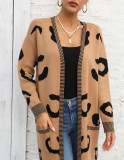 Plus Size Women Fall and Winter Leopard Knitting Cardigan Sweater