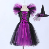 Halloween girls' mesh puffy dress with matching hat, children's witch performance costume