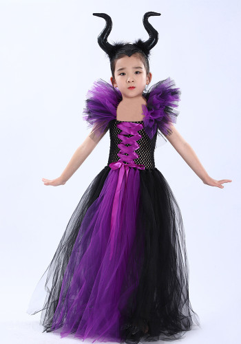 Halloween children's Maleficent witch dress with headband mesh dress two-piece set