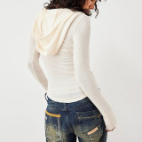 Women Solid Long Sleeve Single Breasted Hooded T-Shirt