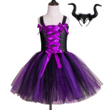 Halloween girls mesh tutu skirt Maleficent witch dress with hairband two-piece set