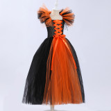 Halloween children's Maleficent witch dress with headband mesh dress two-piece set