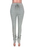 Women Fleece Sports Casual Drawstring Pockets Stacked Pant