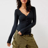 Women Solid Long Sleeve Single Breasted Hooded T-Shirt
