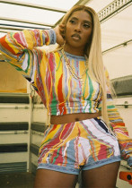 Fall Women Printed Casual Long Sleeve Top and Shorts Two-piece Set Fall Women Printed Casual Long Sleeve Top and Shorts Two-piece Set